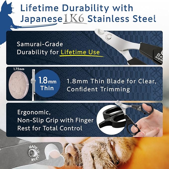 Samurai-Grade Cat Nail Clippers | Vet Recommended | Sharper, Quieter &amp; Safer | Precision Blade for Stress-Free Grooming | Non-Slip Grip | Lifetime Durability | Made in Japan