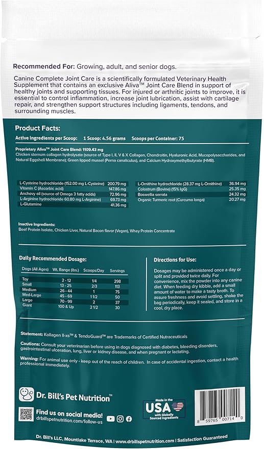 Dr. Bill’s Canine Complete Joint Care – Hip &amp; Joint Supplement for Dogs for Mobility, Muscle Support &amp; Inflammation Relief – Green Lipped Mussel, Chondroitin, Collagen, Omega-3 – Powder, 340g