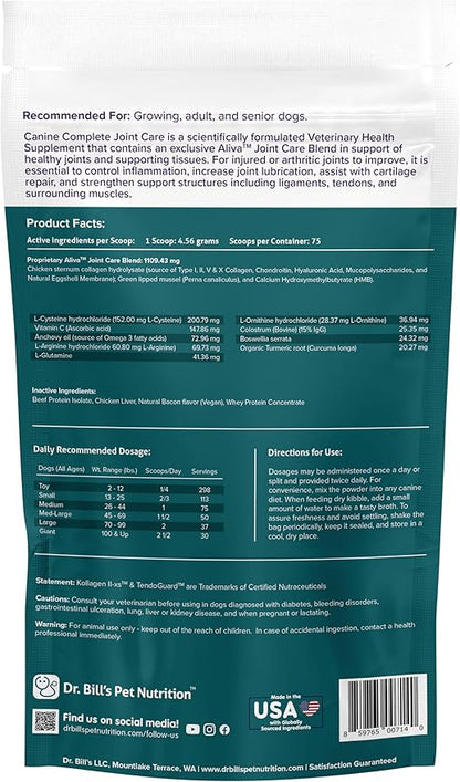 Dr. Bill’s Canine Complete Joint Care – Hip &amp; Joint Supplement for Dogs for Mobility, Muscle Support &amp; Inflammation Relief – Green Lipped Mussel, Chondroitin, Collagen, Omega-3 – Powder, 340g