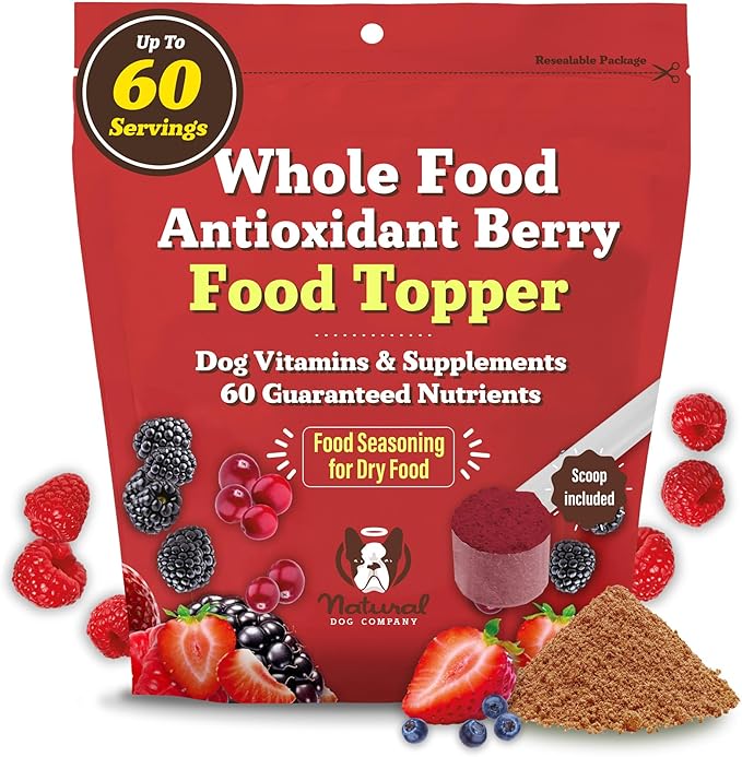 Natural Dog Company Dog Food Topper, Antioxidant Berry Vitamins &amp; Superfood Meal Topper Supplement, Holistic Nutrition, Dog Food Seasoning, Immune Support, All Breeds, Ages, &amp; Sizes of Dogs, 8oz Bag