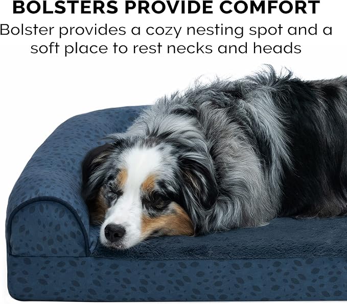 Furhaven Cooling Gel Dog Bed for Large/Medium Dogs w/ Removable Bolsters &amp; Washable Cover, For Dogs Up to 55 lbs - Plush &amp; Almond Print L Shaped Chaise - Blue Almonds, Large