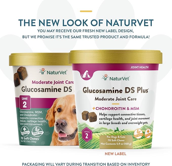 NaturVet – Glucosamine DS Plus - Level 2 Moderate Care – Supports Healthy Hip &amp; Joint Function – Enhanced with Glucosamine, MSM &amp; Chondroitin – for Dogs &amp; Cats–70 Soft Chews