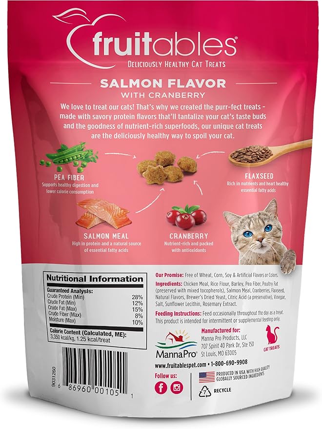 Fruitables Cat Treats Crunchy Salmon &amp; Cranberry Cat Treats Healthy Low Calorie, High Protein Wheat, Corn &amp; Soy Free 30 Ounces