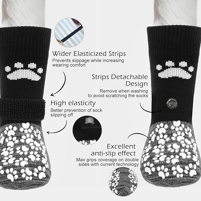 EXPAWLORER Anti Slip Dog Socks to Prevent Licking Paws, Shoes for Hot Pavement, Dog Booties for Small Medium Large Senior Dogs, Traction Control Boots &amp; Paw Protectors for Hardwood Floors Black&amp;Grey