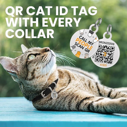 BRONZEDOG Leather Cat Collar with Removable Bells Non Breakaway Kitten QR Tag for Girl Boy (7" - 9" for Cats, Black &amp; Silver)