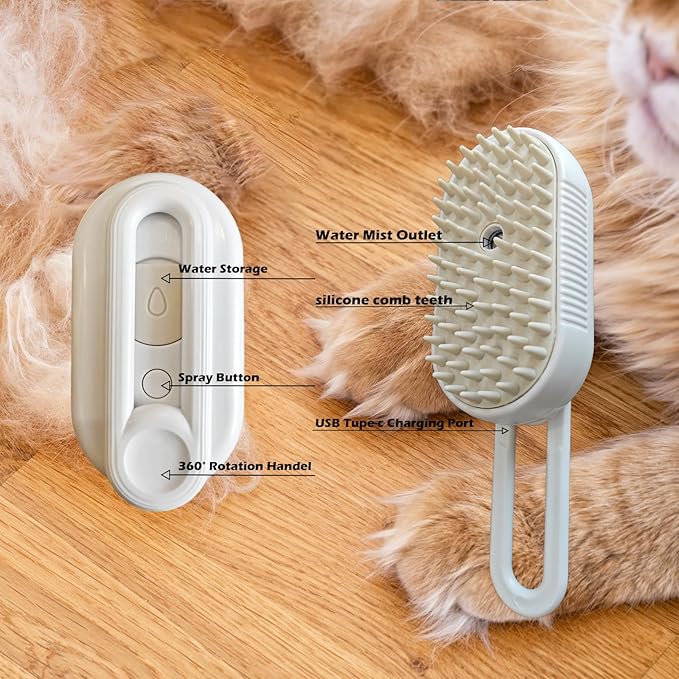 Cat Steam Brushes for Shedding, 4 in 1 Rechargeable Steam Cat Brush for Indoor Cats &amp; Dogs, Grooming Comb with Spray