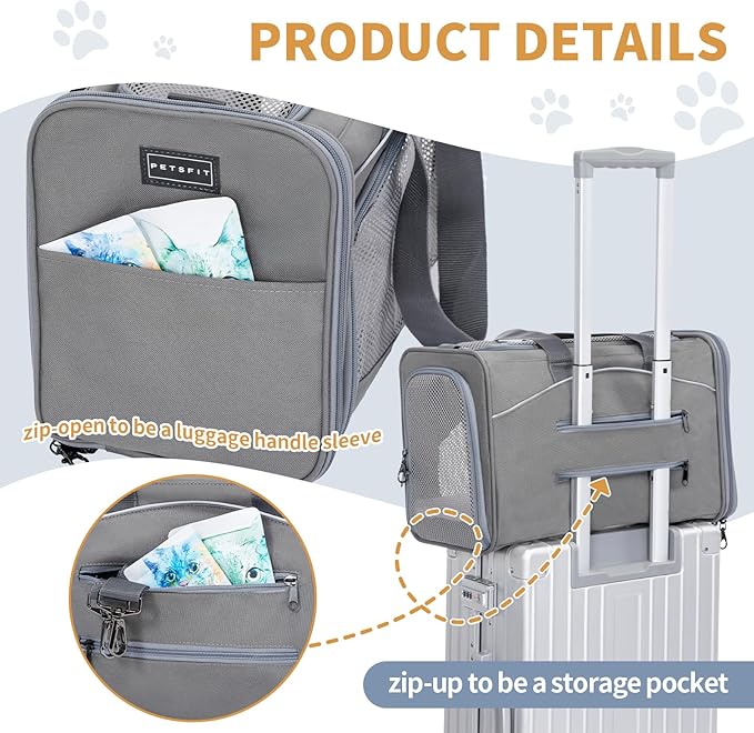 ‌Petsfit Airline Approved Pet Carrier for Small Dogs &amp; Cats, 19x9x12 TSA Approved Carrier, with Removable Dual-Sided Padding (2-Way Placement) - Fits Under Most Airplane Seats, Escape Proof (Gray)