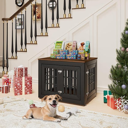 32" Heavy Duty Dog Crate Furniture for Small,Medium and Large Dogs,Rustic Wooden Dog Cage Kennel Indoor Furniture with Waterproof Top,Decorative Pet House Side End Table (Black &amp; Wood)