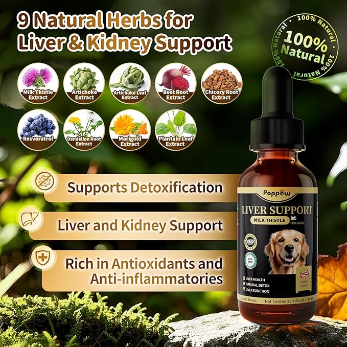 (2 Pack) Poppaw Milk Thistle for Dogs, 9-in-1 Liver &amp; Kidney Support Drops with Artichoke, Resveratrol, Marigold Extract, Natural Detox Herbal Supplement for Liver Function, Bacon Flavor, 2 Oz