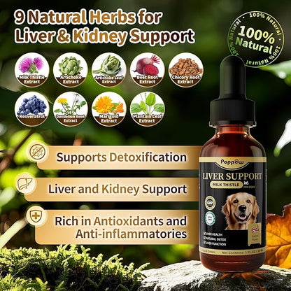 (2 Pack) Poppaw Milk Thistle for Dogs, 9-in-1 Liver &amp; Kidney Support Drops with Artichoke, Resveratrol, Marigold Extract, Natural Detox Herbal Supplement for Liver Function, Bacon Flavor, 2 Oz