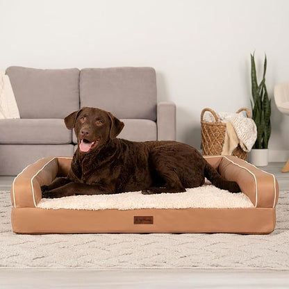 FurHaven Orthopedic Dog Sofa Bed – Memory Foam Couch with Bolsters, Textured Plush &amp; Water-Resistant Cover, Washable Cover, Joint Support - Camel, Jumbo