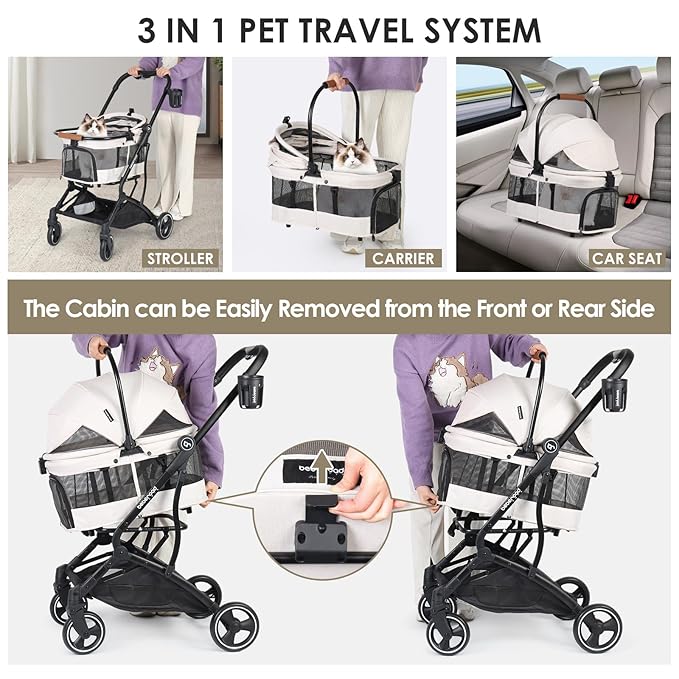 T3 Foldable Pet Stroller for Small Dogs &amp; Cats – 3-in-1 Lightweight Design, 180° Canopy &amp; Detachable Carrier (Beige)