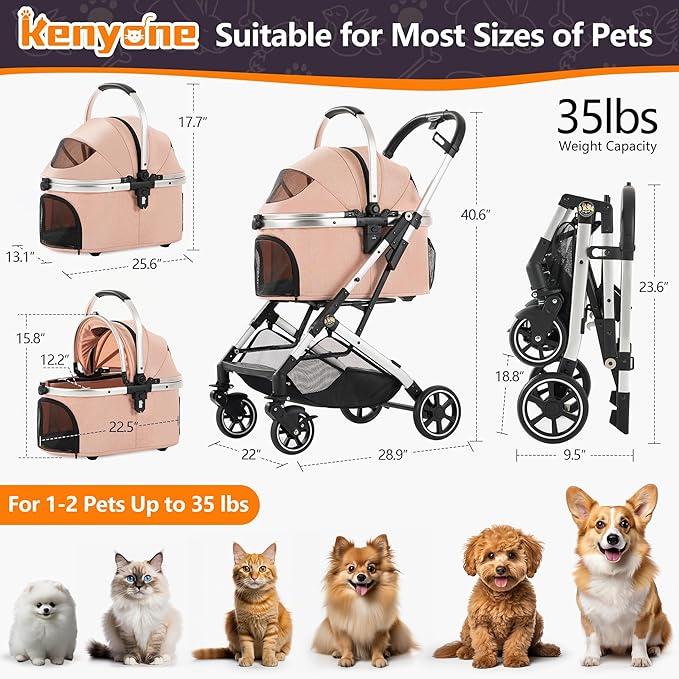 Kenyone 3-in-1 Pet Stroller for Small Medium Dogs Puppy Cat Stroller with Detachable Carrier &amp; Pad Lightweight Foldable Aluminum Alloy Frame Dual No-Zip Entry(Pink)