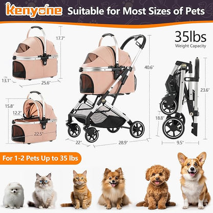 Kenyone 3-in-1 Pet Stroller for Small Medium Dogs Puppy Cat Stroller with Detachable Carrier &amp; Pad Lightweight Foldable Aluminum Alloy Frame Dual No-Zip Entry(Pink)