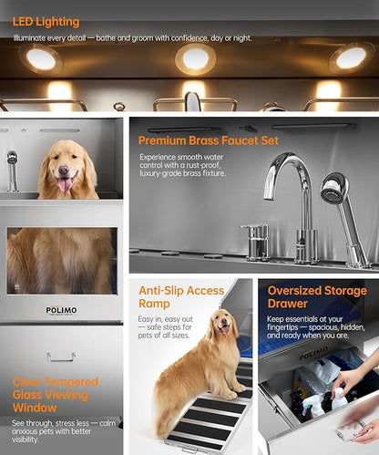 polimo Dog Washing Station, LED Professional Stainless Steel Dog Bathing Station 50", Dog Grooming Tub for Large, Medium &amp; Small Dog - with Window, Ramp, Drawer, Floor Grate &amp; Faucet (Left RAMP, 50")
