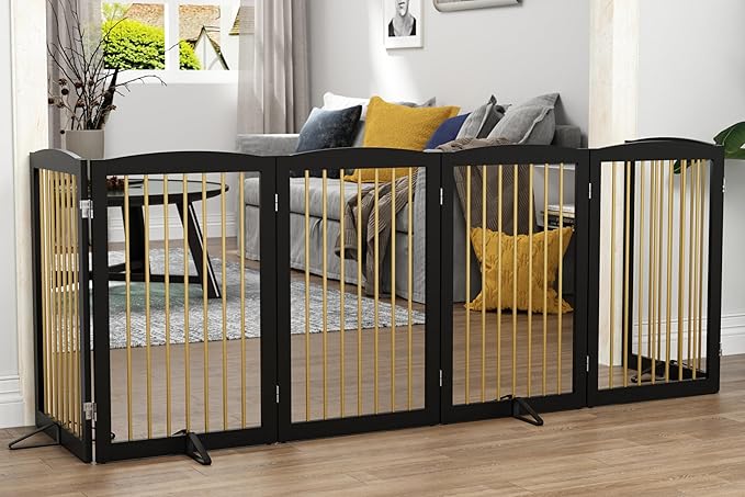 Freestanding Pet Gate for Dogs, Indoor Wooden Dog Gate for House, Extra Wide Dog gate, Foldable Dog Gate for Stair, Doorway, Hall, Support Feet Included, 120 Inch Wide, 6 Panels 32",Black&amp;Gold