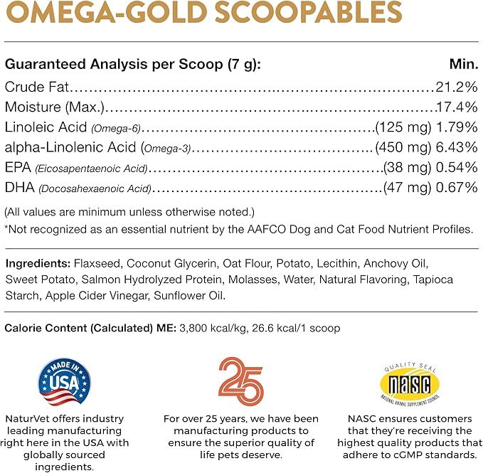 NaturVet Scoopables Omega-Gold Anchovy Oil &amp; Salmon Supplement For Dogs and Cats - Supports Healthy Skin &amp; Coat Plus DHA, EPA, Omega-3, &amp; Omega-6 - Anchovy &amp; Salmon Flavored For Dog and Cat | 11oz Bag