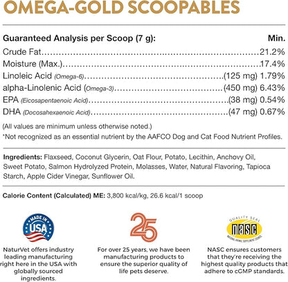 NaturVet Scoopables Omega-Gold Anchovy Oil &amp; Salmon Supplement For Dogs and Cats - Supports Healthy Skin &amp; Coat Plus DHA, EPA, Omega-3, &amp; Omega-6 - Anchovy &amp; Salmon Flavored For Dog and Cat | 11oz Bag
