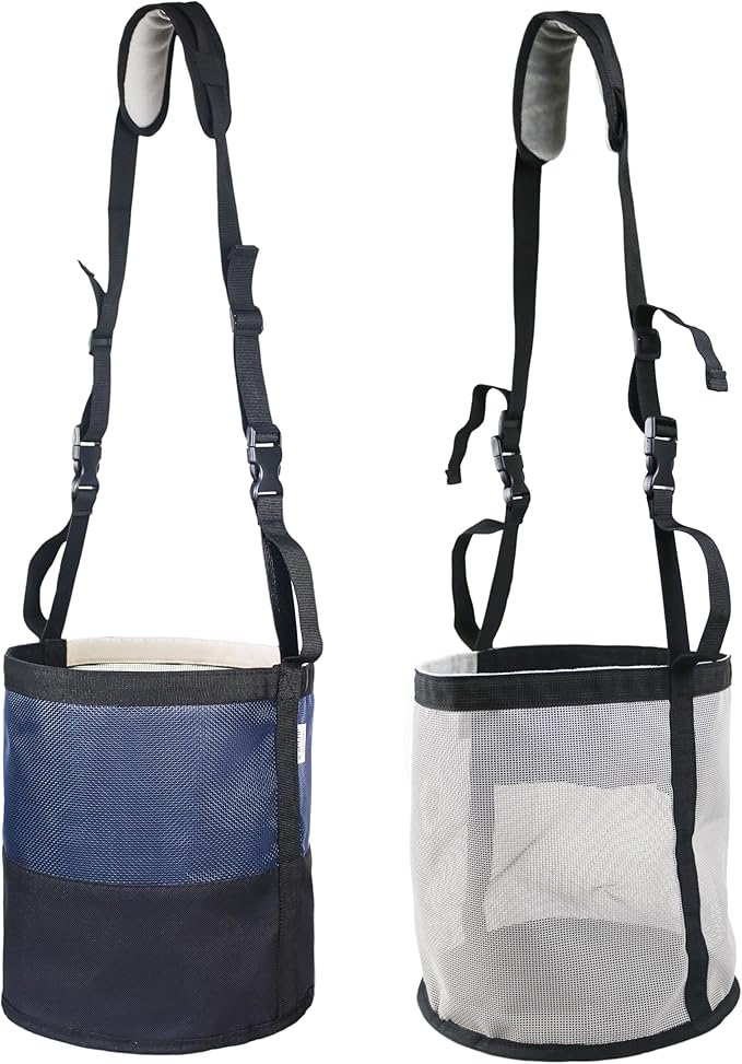 Heavy-Duty Horse Feed Bags - with Adjustable Strap, Comfort Neck &amp; Nose Pads, and Double Waterproof Bottom Mesh (2-Pack) (Blue+Light Grey)