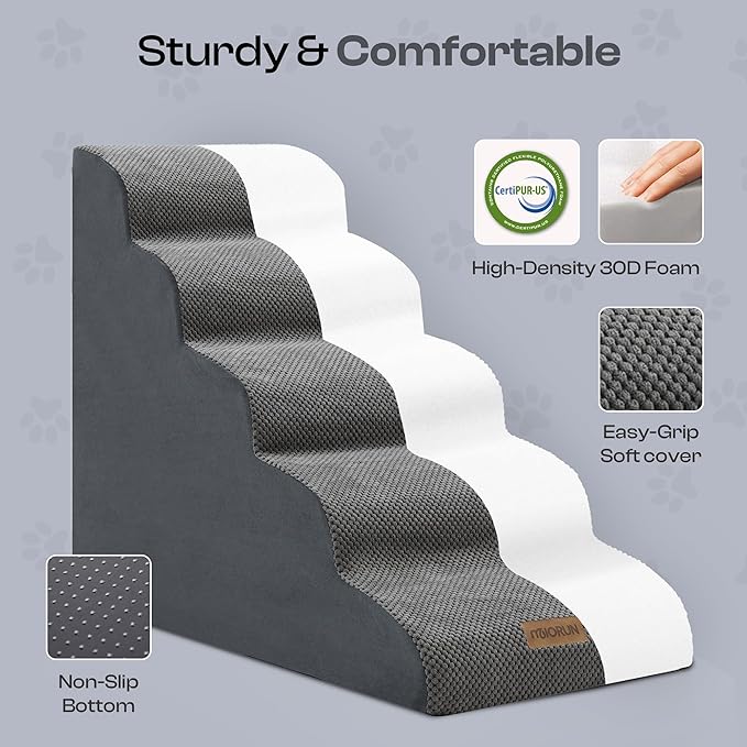 5-Step Curved Dog Stairs for High Beds Up to 30", Non-Slip Foam Pet Ramp for Large Dogs and Cats, Washable Cover, Soft Climbing Steps for Couch &amp; Sofa
