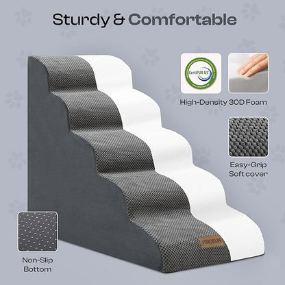5-Step Curved Dog Stairs for High Beds Up to 30", Non-Slip Foam Pet Ramp for Large Dogs and Cats, Washable Cover, Soft Climbing Steps for Couch &amp; Sofa