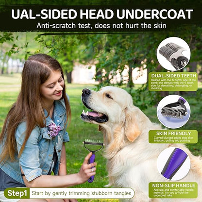 Dog Brush Kit – 3 PCS Grooming Set with Self-Cleaning Brush, Undercoat Rake &amp; Pet Bath Brush. Great for Shedding, Tangles &amp; Dirt Removal – Ideal for Long &amp; Short Haired Dogs &amp; Cats, Green