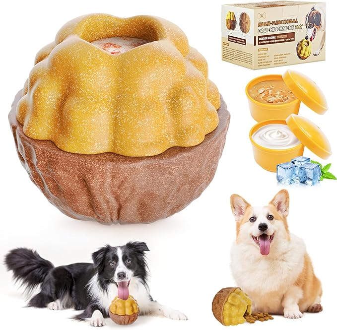 Dog Frozen Treats Toy, Cognitive Dogs Brain Stimulation Toys for Aggressive Chewers, Interactive Dispensing Toy Enrichment Keep Them Busy No-Boredom, Tough Nylon&amp;Coffe Wood Fillable Puzzle Dog Feeder