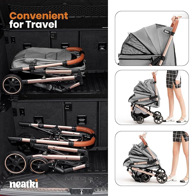 Foldable Pet Stroller for Dogs and Cats, 33 lbs Capacity, 360° Swivel Front Wheels, One-Click Fold, Brake System, Leash &amp; Lock Clips, Removable Washable Padding, and Cup Holder (Gray, 33 lbs)