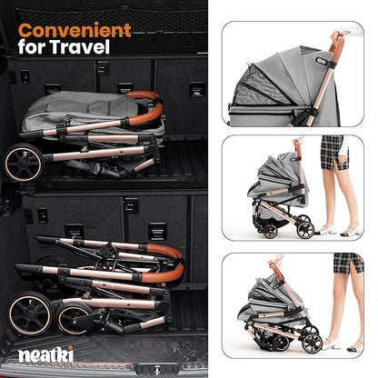 Foldable Pet Stroller for Dogs and Cats, 33 lbs Capacity, 360° Swivel Front Wheels, One-Click Fold, Brake System, Leash &amp; Lock Clips, Removable Washable Padding, and Cup Holder (Gray, 33 lbs)