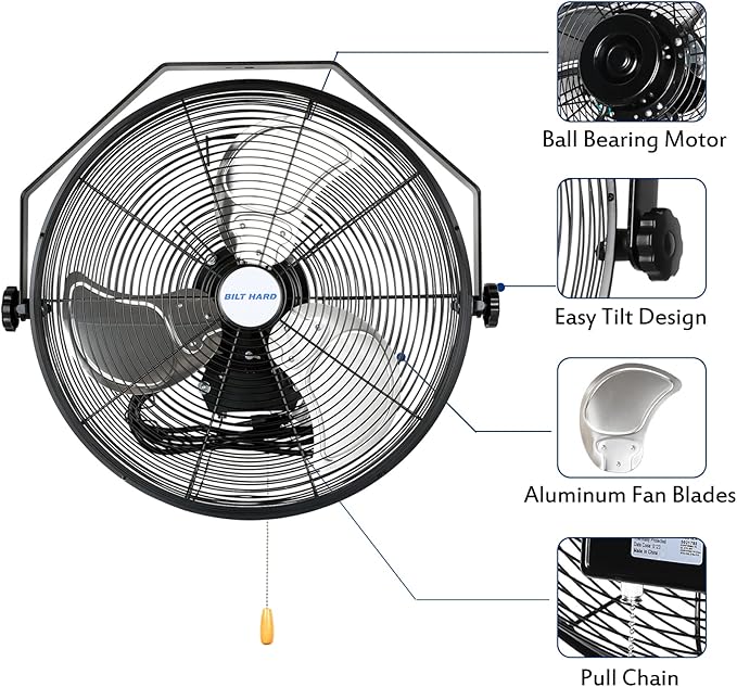 BILT HARD 4600 CFM 20 in. Industrial Wall Mount Fan, 3-Speeds High Velocity Wall Fan with Sealed Motor, Heavy Duty Metal Barn Fans for Garage, Commercial, Greenhouse, Warehouse &amp; Shop Use