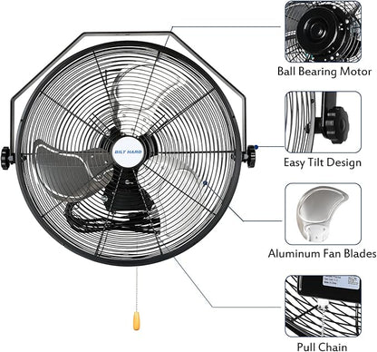 BILT HARD 4600 CFM 20 in. Industrial Wall Mount Fan, 3-Speeds High Velocity Wall Fan with Sealed Motor, Heavy Duty Metal Barn Fans for Garage, Commercial, Greenhouse, Warehouse &amp; Shop Use