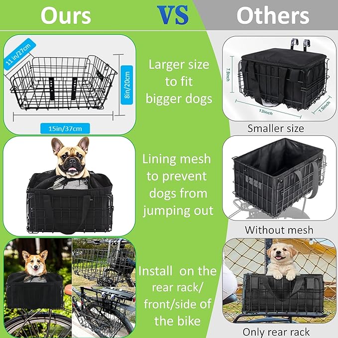 Large Dog Bike Basket with Removable Liner Bag, Portable Rear Bike Basket Carrier for Travel, Waterproof Bike Storage Suit for Front/Rear/Side of Bicycle, Ebike Accessoriest for Pets, Fruit &amp; Grocery