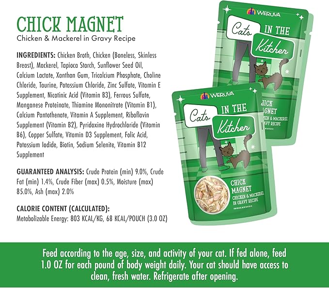 Weruva Cats in The Kitchen, Chick Magnet with Chicken &amp; Mackerel in Gravy Cat Food, 3oz Pouch (Pack of 12)