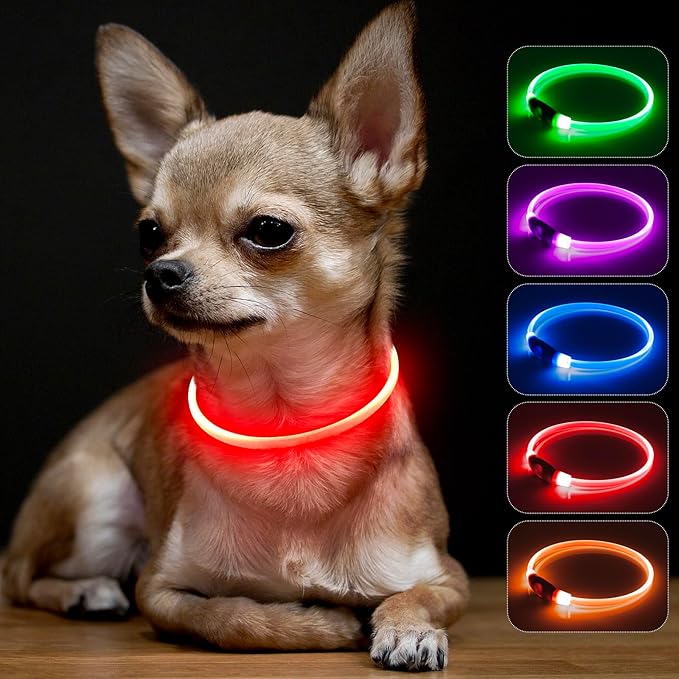 BSEEN Light Up Dog Collar - Rainproof LED Dog Collar Rechargeable - TPU Cuttable Glowing Puppy Collar for Small Dogs&amp; Cats, High Visibility Safety Dog Lights for Night Walking (XS-Red 40cm)