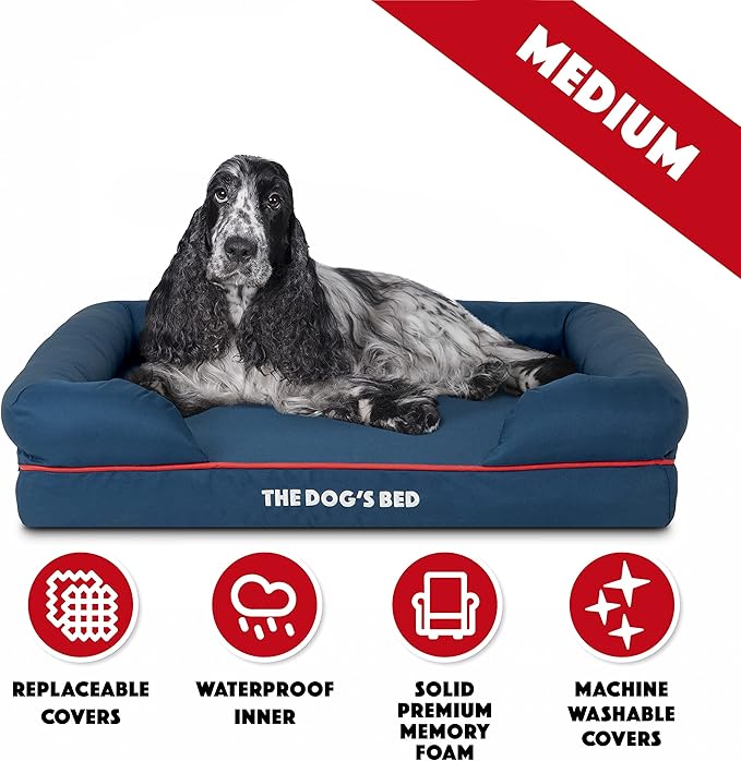 The Dog’s Bed, Medium Blue/Red 30x23.5, Memory Foam, Pain Relief: Arthritis, Hip &amp; Elbow Dysplasia, Post Surgery, Lameness, Supportive, Calming, Waterproof Washable Cover, Veterinary Approved