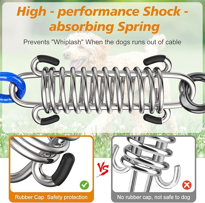 Tresbro 30 FT Dog Tie Out Cable with Spring, Shock Absorbing Tether Chains for Outside Aavilable in 10/15/20/25/30/40/50/70/100/120 FT, Heavy Duty Leads for Yard for Medium &amp; Large Dogs Up to 500 LBS