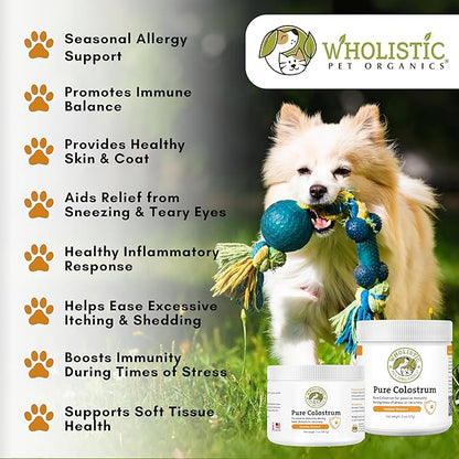 Wholistic Pet Organics Pure Colostrum - 1 Oz - Dog Allergy Relief &amp; Itchy Skin Treatment, Senior Dog Supplements &amp; Immune Support, Licking Paws, Anti Itch for Dogs and Cats