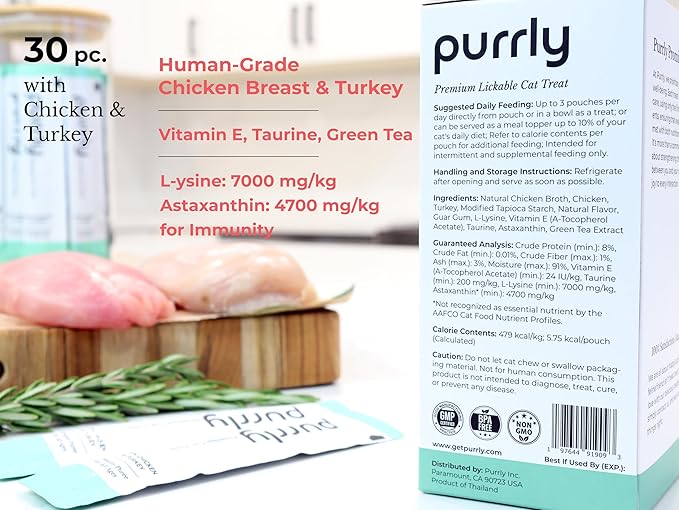 Purrly Interactive Lickable Cat Treats Low Calorie Human-Grade Chicken Breast &amp; Turkey with L-Lysine &amp; Astaxanthin for Immunity (30 Count) Non-Seafood Hydrating BPA-Free for All Ages