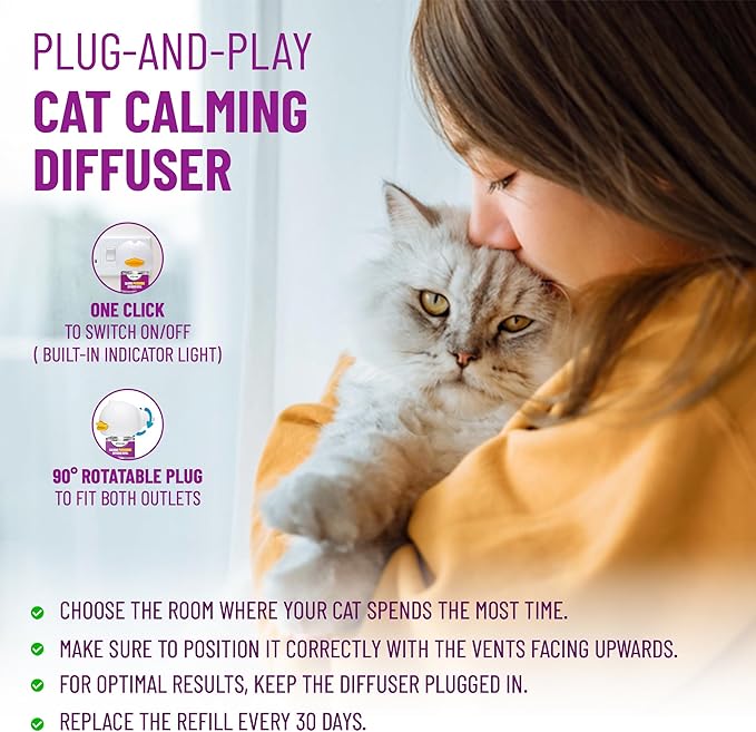 Cat Pheromones Calming Diffuser Cat Anxiety Relief Pheromones for Cats Promotes Well-Being &amp; Comfort Cat Calming Diffuser with 2 Refills 60 Days Long Lasting Serenity