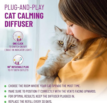 Cat Pheromones Calming Diffuser Cat Anxiety Relief Pheromones for Cats Promotes Well-Being &amp; Comfort Cat Calming Diffuser with 2 Refills 60 Days Long Lasting Serenity