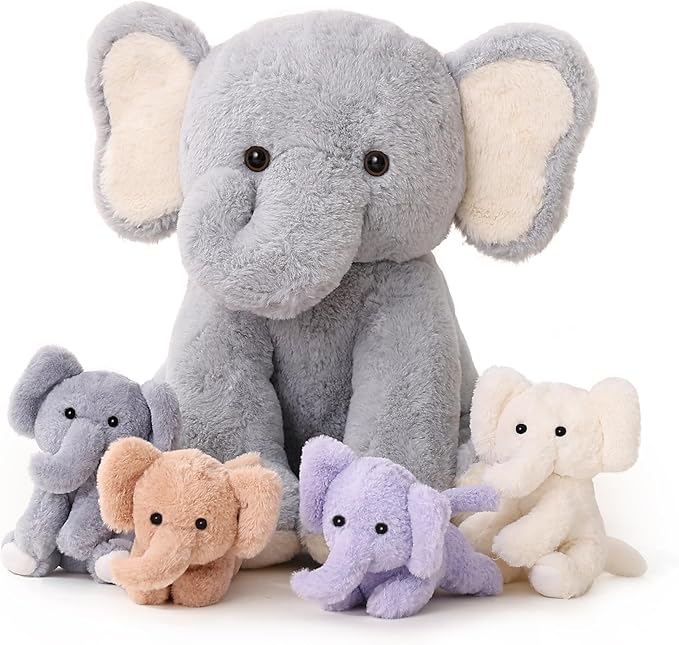 5 Pieces Elephant Stuffed Animals for Girls, 1 Mommy Elephant with 4 Babies Soft Plush Set Toys Gifts for Kids Children 3 4 5 6 7 8 9 Years, Christmas, Birthday, Children&