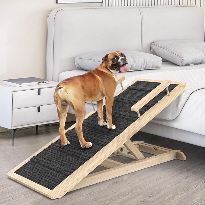 Dog Ramp for Couch, Bed or Car, Wooden 44" Long Pet Stairs for Small &amp; Large Old Dogs &amp; Cats, Hold up to 200lb, 5 Adjustable Height from 14.96" to 22", Portable Doggie Steps, Excellent Traction