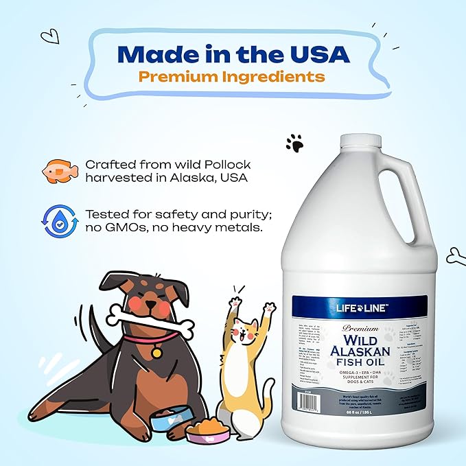 Life Line Pet Nutrition Wild Alaskan Fish Oil for Dogs and Cats 66oz – Omega 3 Fish Oil Supplement for Skin &amp; Coat – Supports Brain, Eye &amp; Heart Health in Dogs &amp; Cats