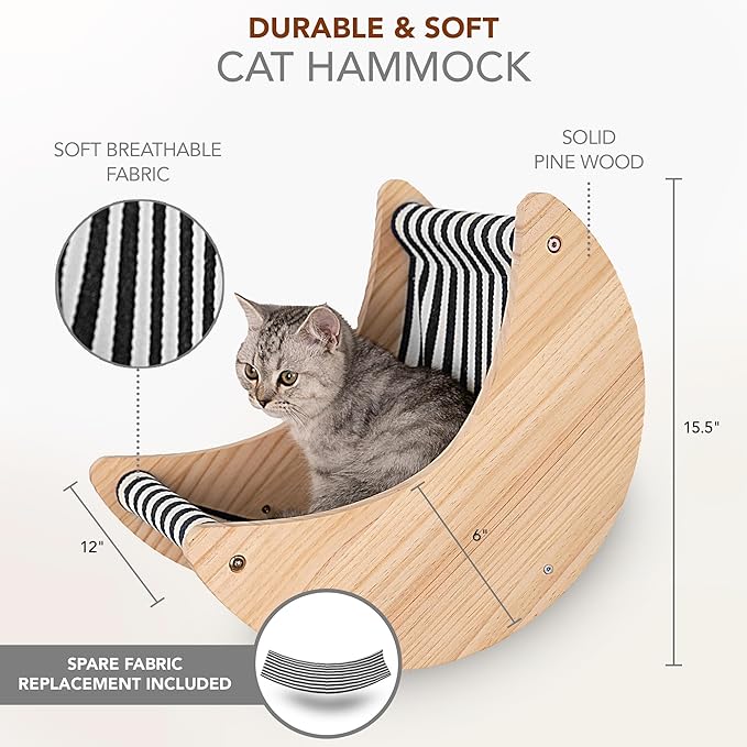 3-Piece Cat Wall Furniture Set - Hammock, Hexagon House, Climbing Steps - Wall Mounted Shelves, Perches, and Beds - Modern Design for Large Cats and Kittens &amp; Spare Hammock Fabric Included