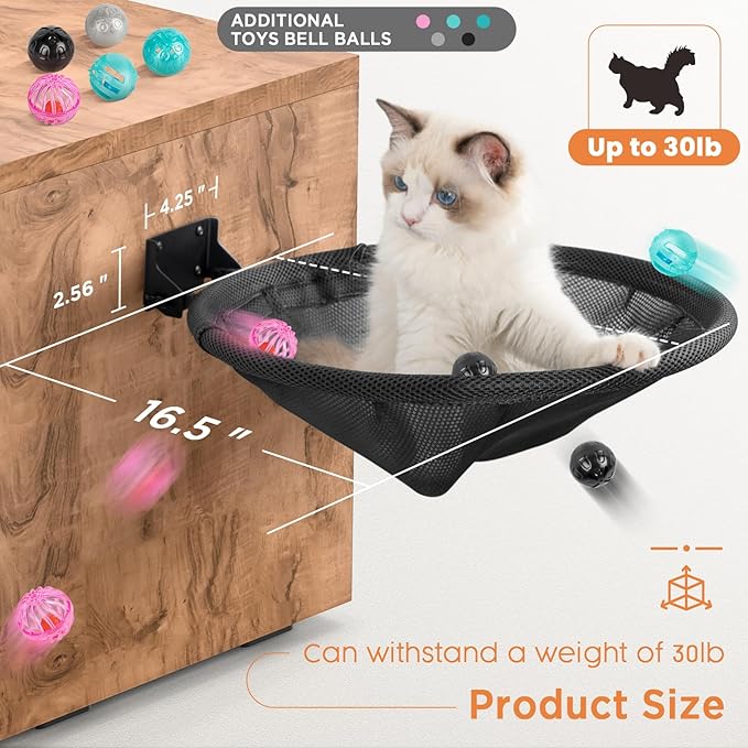Cat Hammock Wall Mounted, Foldable &amp; Stable Cat Beds- Breathable Cat Wall Shelves for Sleeping, Playing, Climbing, and Lounging - Maximum Hold Up to 30lb (Black)