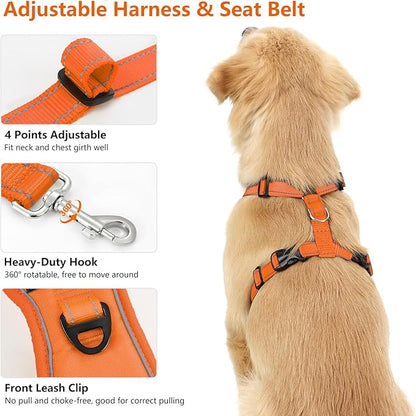 Dog Seat Belt Harness for Car, Dog Car Harness Adjustable Mesh Breathable &amp; Dogs Seatbelt Safety Tether with Elastic Bungee for Small Medium Large Pets(Orange, L)