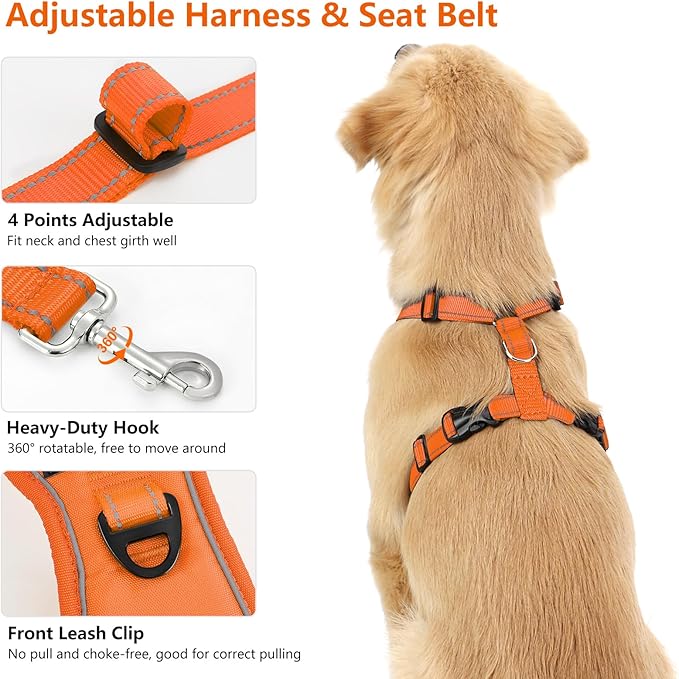 Dog Seat Belt Harness for Car, Dog Car Harness Adjustable Mesh Breathable &amp; Dogs Seatbelt Safety Tether with Elastic Bungee for Small Medium Large Pets(Orange, M)