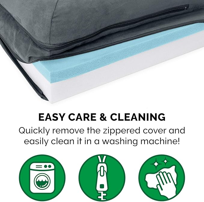 Furhaven Cooling Gel Dog Bed for Large/Medium Dogs w/ Removable Bolsters &amp; Washable Cover, For Dogs Up to 55 lbs - Two-Tone Plush Faux Fur &amp; Suede L Shaped Chaise - Stone Gray, Large