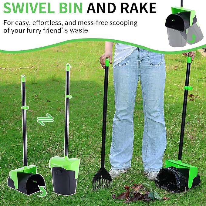 Pooper Scooper Large Swivel Bin &amp; Rake with 160 Waste Bags,Heavy Duty Dog Pooper Scooper with Bag Attachment for Large Small Dogs, Long Handle Poop Scooper with Lid for Yard, Grass, Gravel (Green)