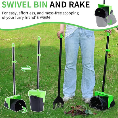 Pooper Scooper Large Swivel Bin &amp; Rake with 160 Waste Bags,Heavy Duty Dog Pooper Scooper with Bag Attachment for Large Small Dogs, Long Handle Poop Scooper with Lid for Yard, Grass, Gravel (Green)
